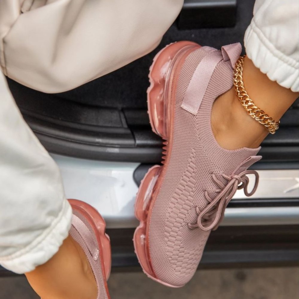 New Mauve Pink Knit Lace Clear Bubble Sneakers